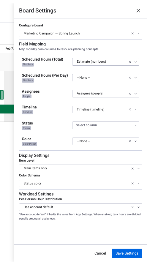 Board Settings showing Field Mapping, Display Settings with Item Level and Color Schema, and Workload Settings