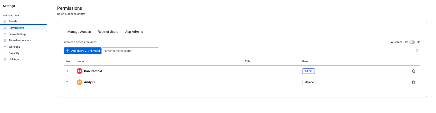 Permissions panel showing Manage Access with user roles (Admin/Member) and access controls