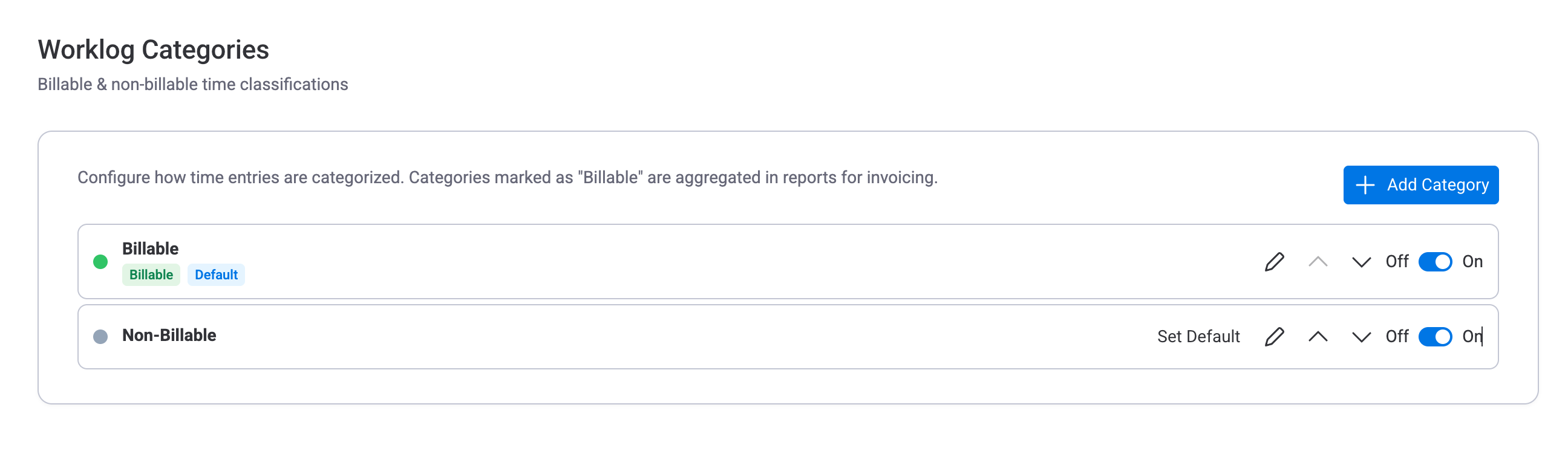 Worklog Categories settings showing Billable and Non-Billable with controls