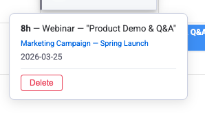 Worklog event popup showing hours, item name, board, and delete button